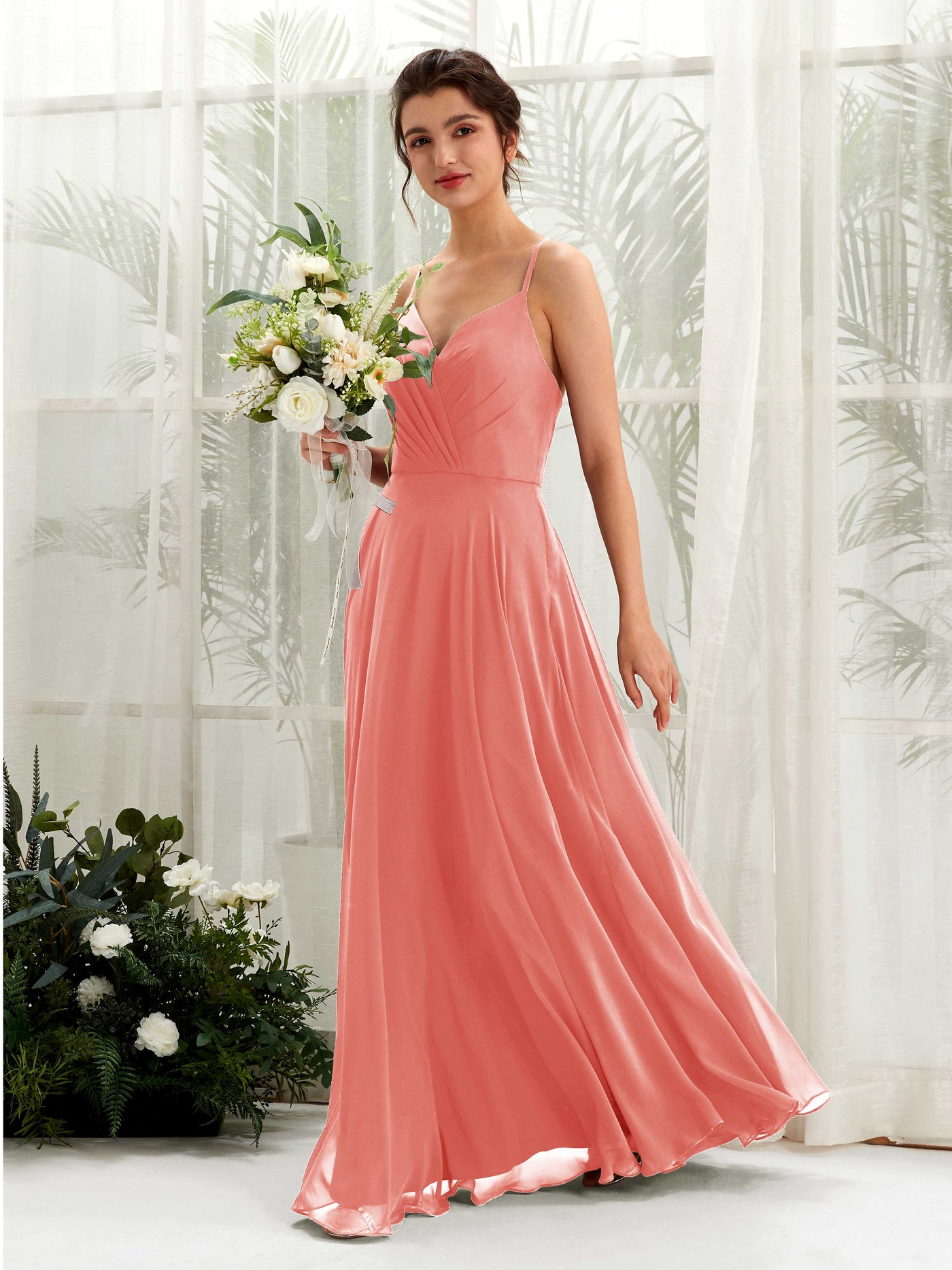Spaghetti-straps V-neck Sleeveless Bridesmaid Dress - Peach Pink (81224229)#color_peach-pink