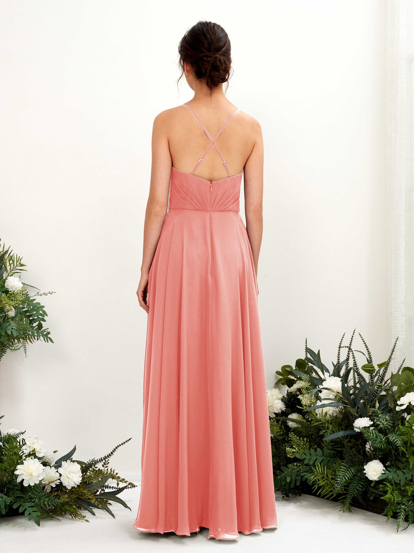 Spaghetti-straps V-neck Sleeveless Bridesmaid Dress - Peach Pink (81224229)#color_peach-pink