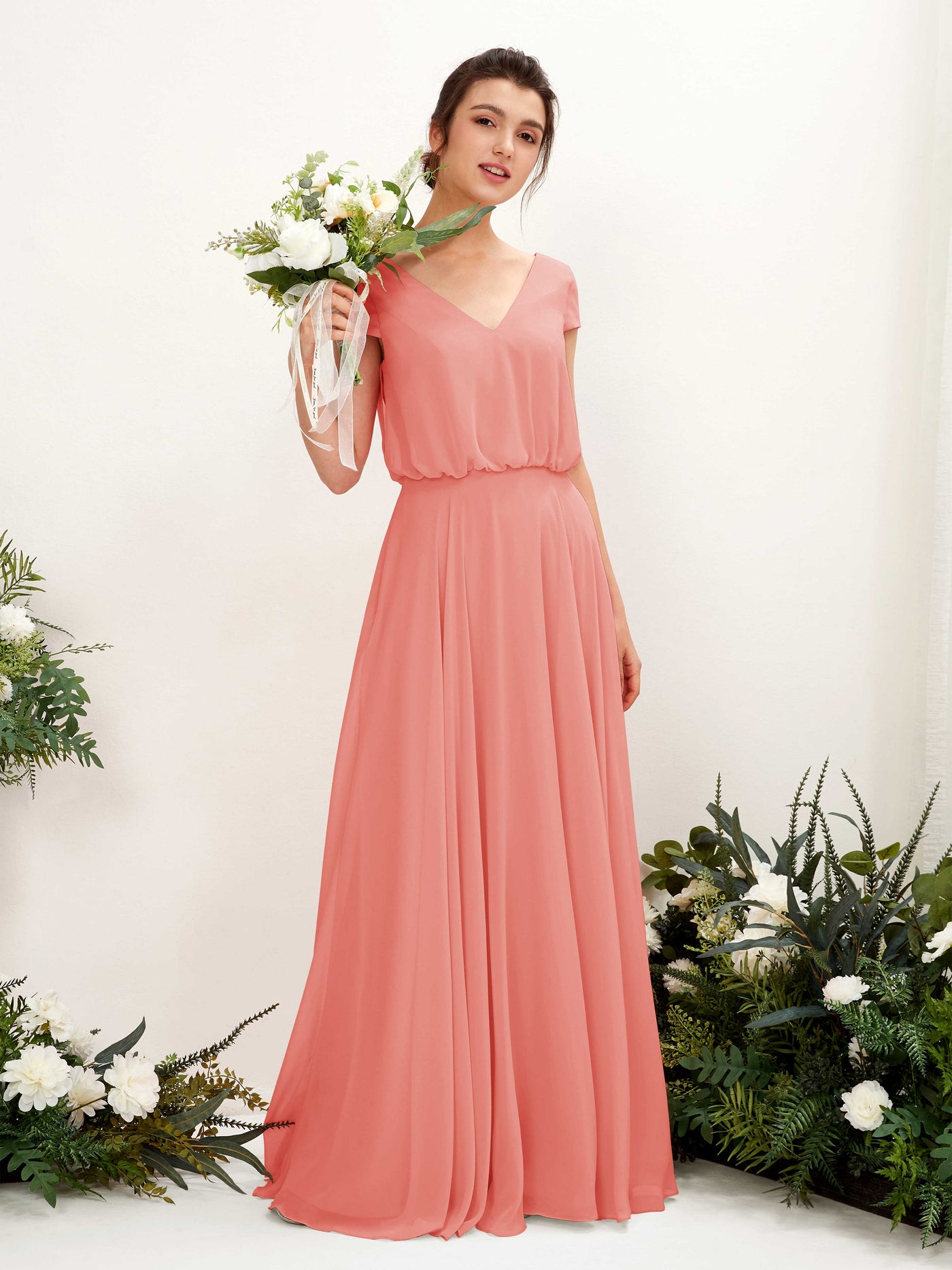 V-neck Cap Sleeves Chiffon Bridesmaid Dress - Peach Pink (81221829)#color_peach-pink