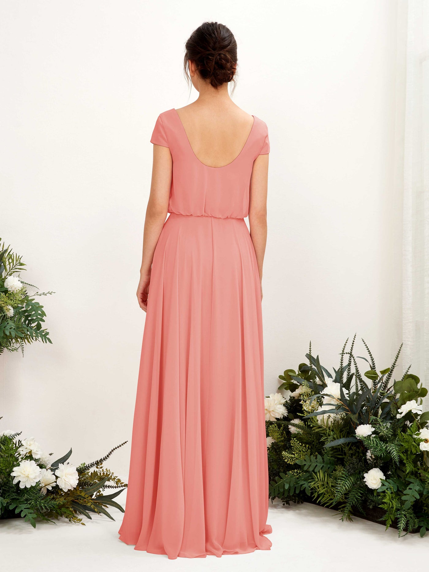 V-neck Cap Sleeves Chiffon Bridesmaid Dress - Peach Pink (81221829)#color_peach-pink