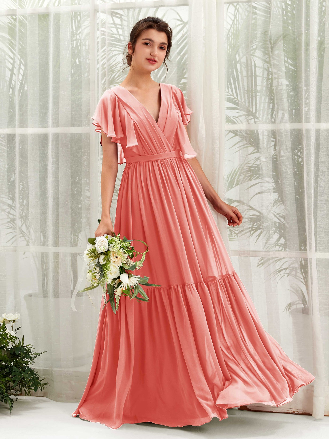 V-neck Cap Sleeves Chiffon Bridesmaid Dress - Peach Pink (81225929)#color_peach-pink