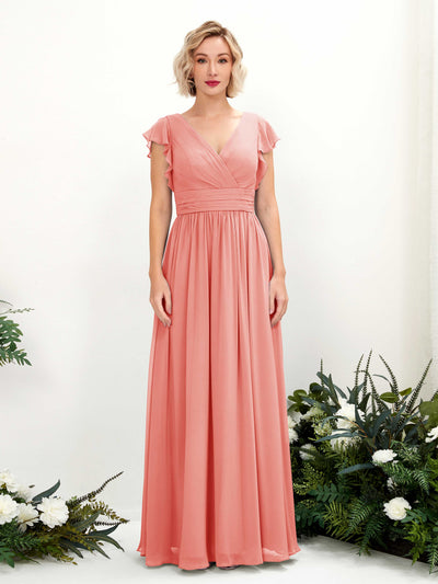 Carlyna Grino A-Line Peach Pink Bridesmaid Dress Maxi Cap Sleeve V-Neck Dress Front View #color_peach-pink