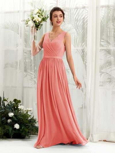 Carlyna Barbara A-Line Peach Pink Bridesmaid Dress Maxi Sleeveless V-Neck Dress Front View #color_peach-pink