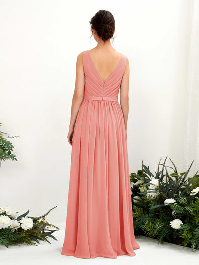 Carlyna Barbara A-Line Peach Pink Bridesmaid Dress Maxi Sleeveless V-Neck Dress Back View #color_peach-pink