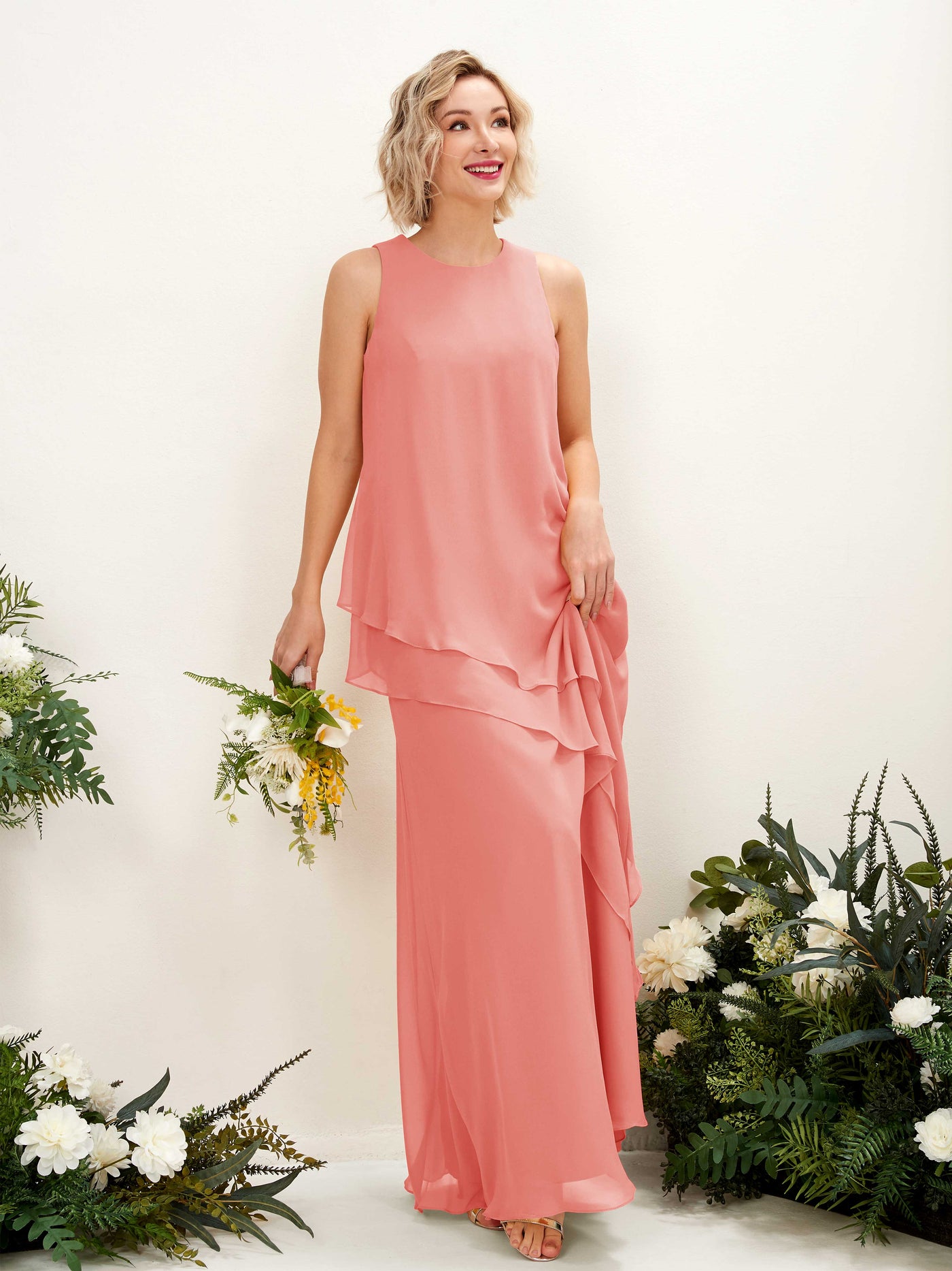 Round Sleeveless Chiffon Bridesmaid Dress - Peach Pink (81222329)#color_peach-pink