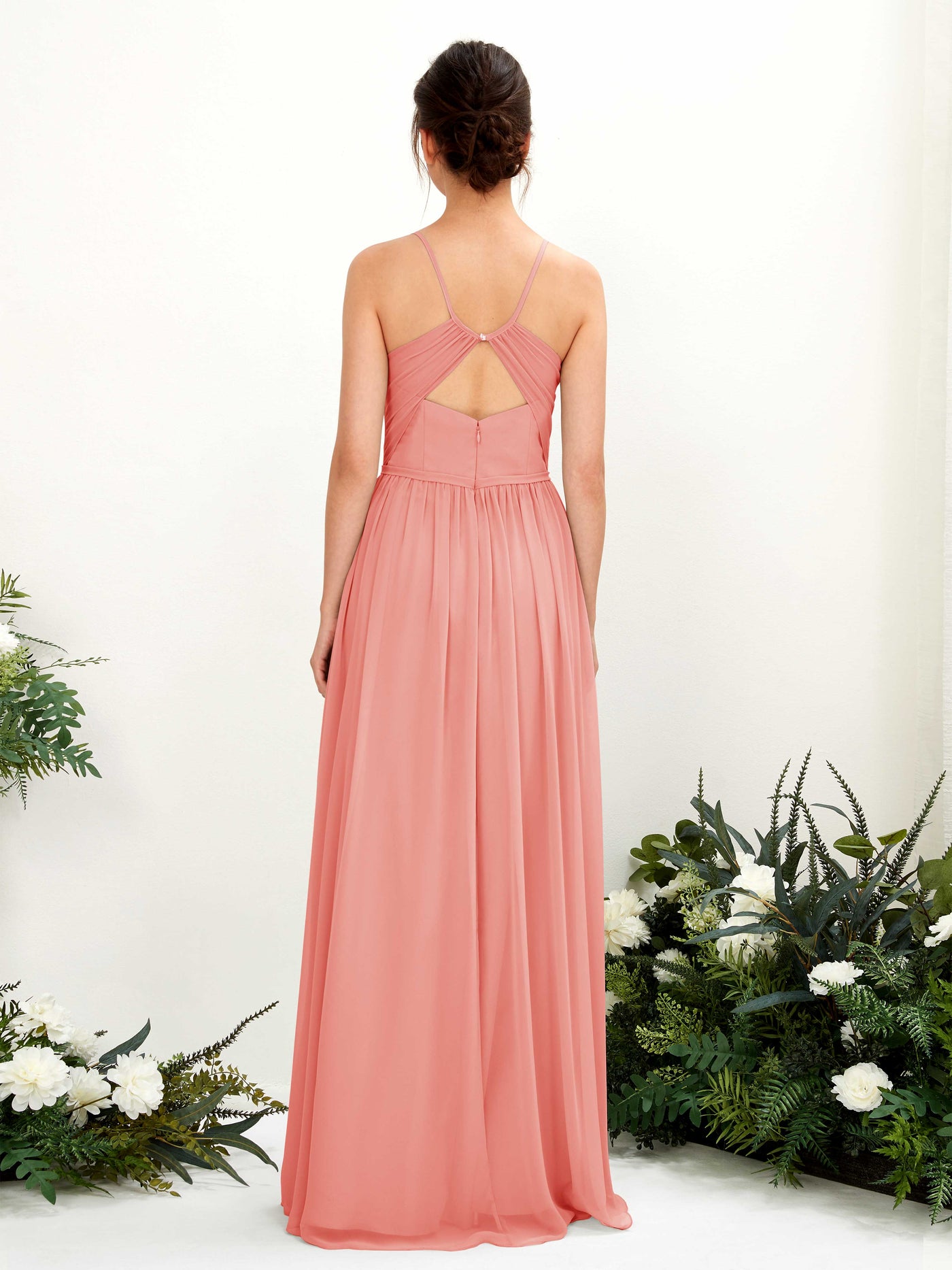 Spaghetti-straps V-neck Chiffon Bridesmaid Dress - Peach Pink (81221429)#color_peach-pink