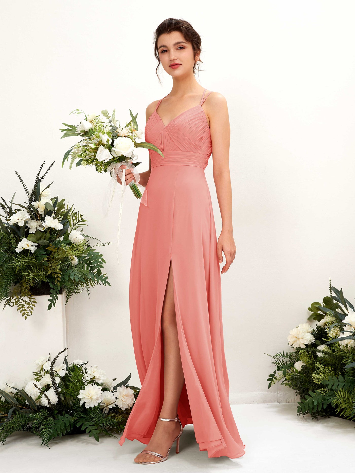 Straps V-neck Sleeveless Chiffon Bridesmaid Dress - Peach Pink (81225429)#color_peach-pink
