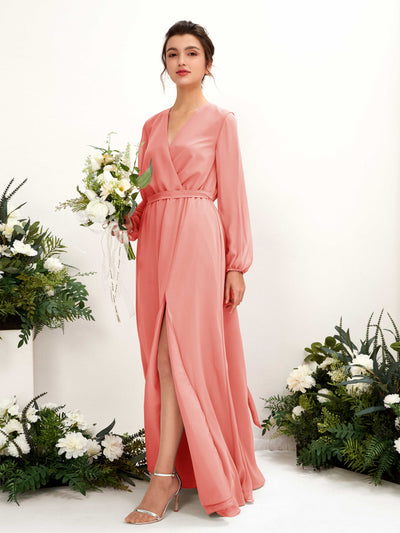 Carlyna Elsie A-Line Peach Pink Bridesmaid Dress Maxi Long Sleeve V-Neck Front View #color_peach-pink