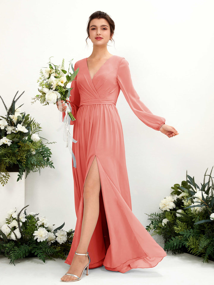 V-neck Long Sleeves Chiffon Bridesmaid Dress - Peach Pink (81223829)
