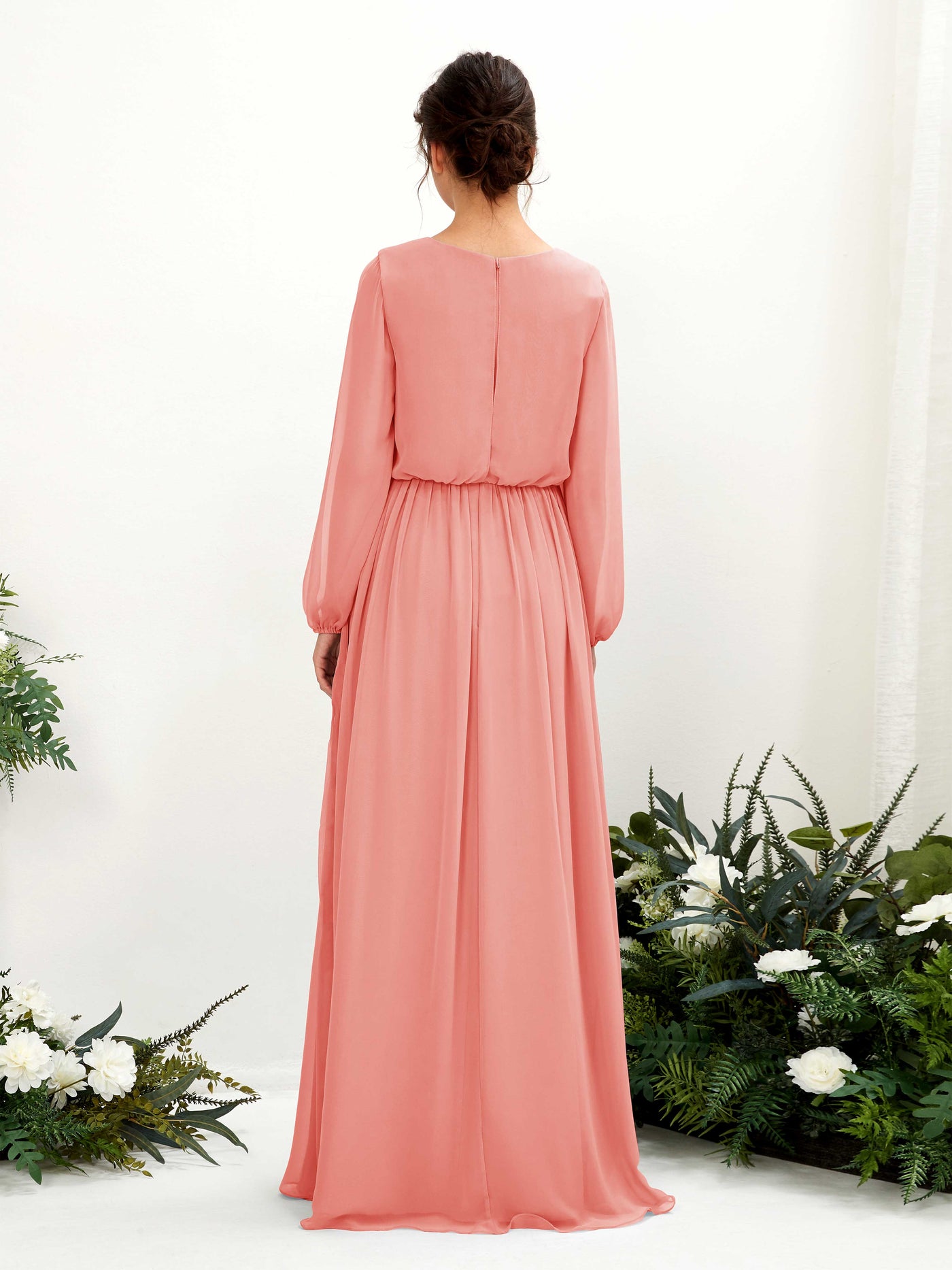 V-neck Long Sleeves Chiffon Bridesmaid Dress - Peach Pink (81223829)#color_peach-pink