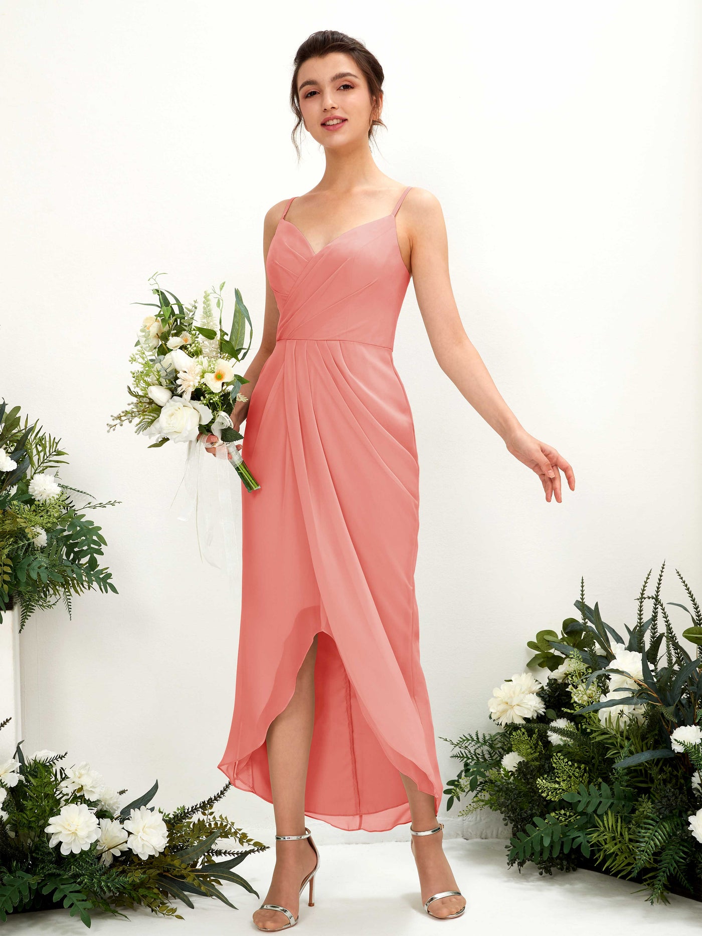 Spaghetti-straps V-neck Sleeveless Chiffon Bridesmaid Dress - Peach Pink (81221329)#color_peach-pink