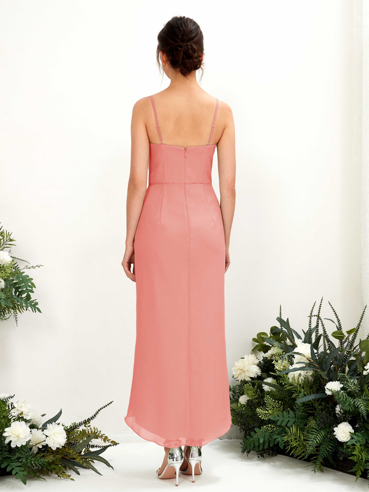 Spaghetti-straps V-neck Sleeveless Chiffon Bridesmaid Dress - Peach Pink (81221329)#color_peach-pink