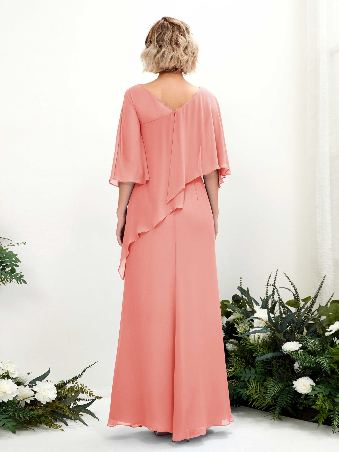 V-neck 3/4 Sleeves Chiffon Bridesmaid Dress - Peach Pink (81222529)#color_peach-pink