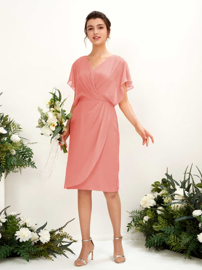 Carlyna Vanessa Sheath Peach Pink Bridesmaid Dress Knee-Length Cap Sleeve V-Neck Dress #color_peach-pink