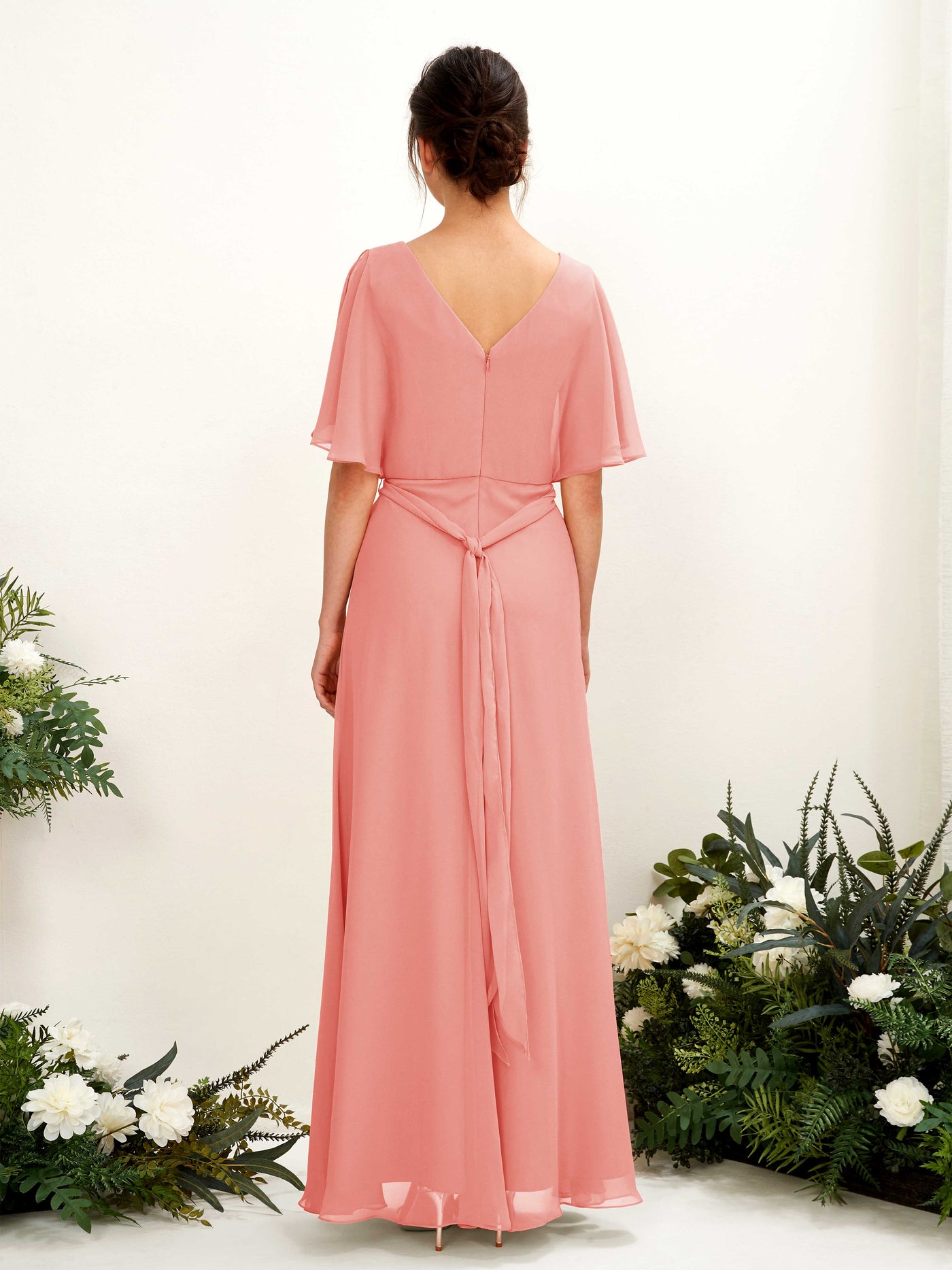 V-neck Short Sleeves Chiffon Bridesmaid Dress - Peach Pink (81222429)#color_peach-pink