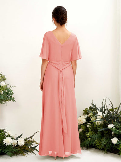 Carlyna Merta A-Line Peach Pink Bridesmaid Dress Maxi Short Sleeve V-Neck Dress #color_peach-pink