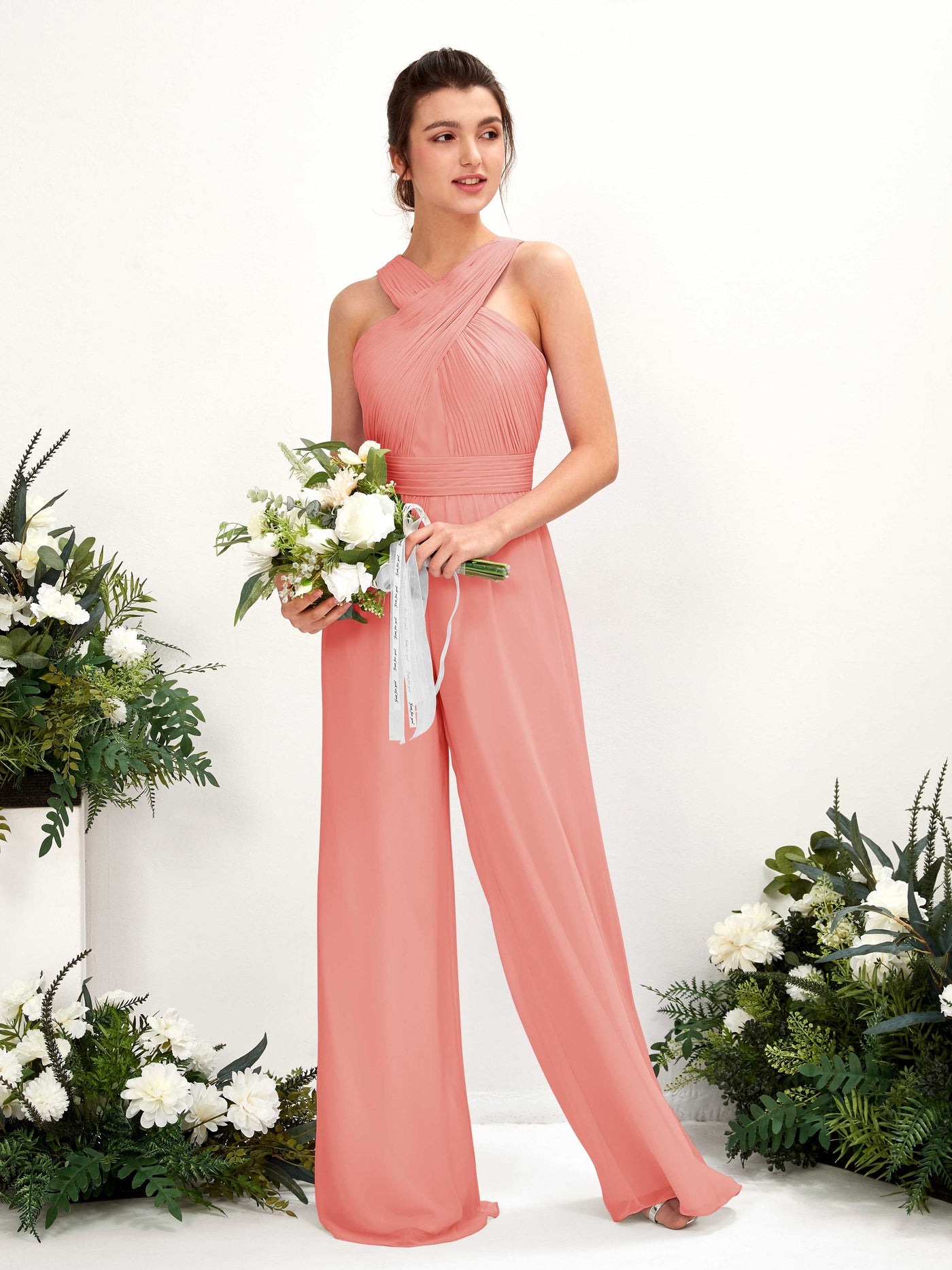 V-neck Sleeveless Chiffon Bridesmaid Dress Wide-Leg Jumpsuit - Peach Pink (81220729)#color_peach-pink