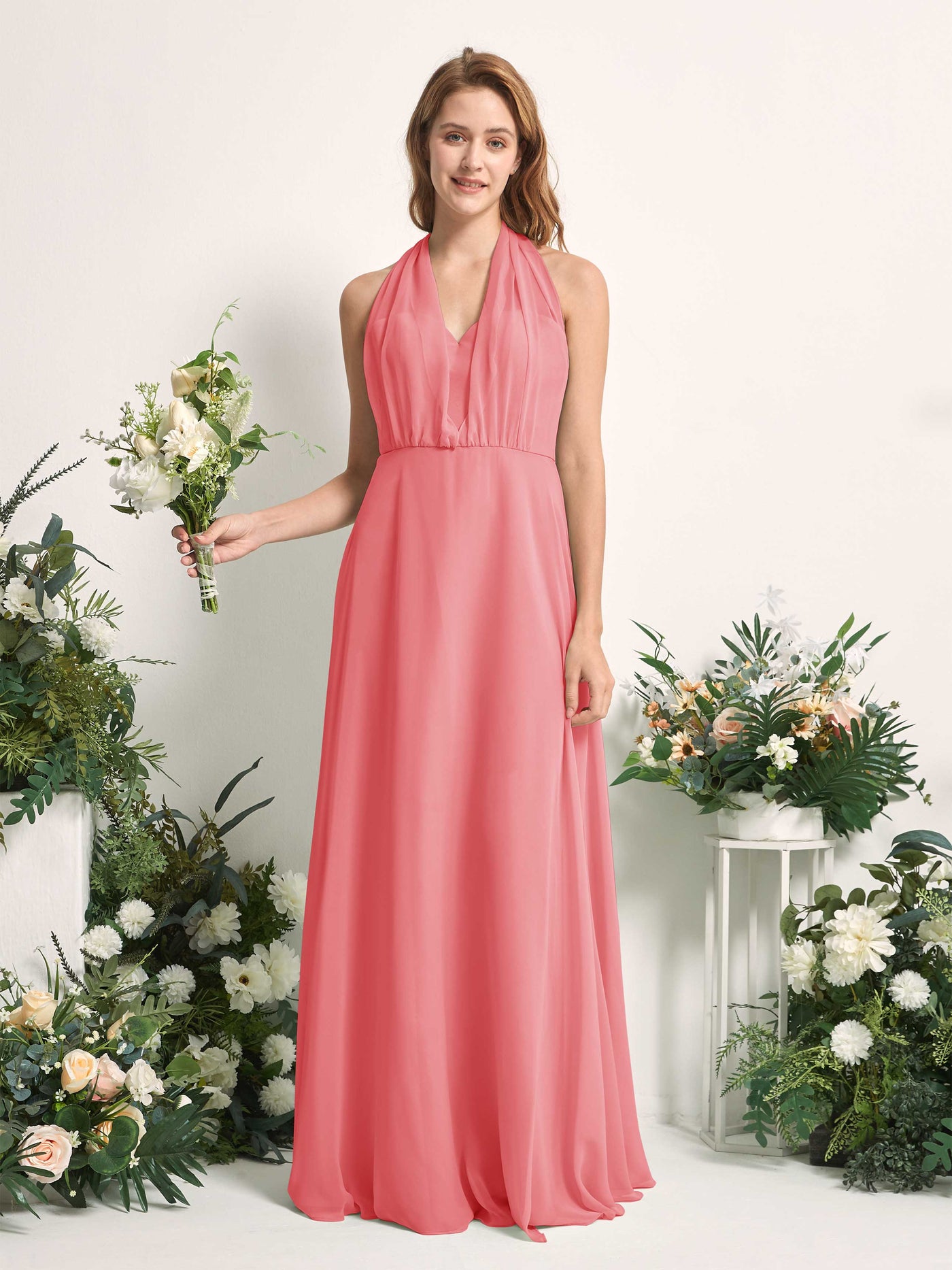 Bridesmaid Dress A-line Chiffon Halter Full Length Short Sleeves Wedding Party Dress - Coral Pink (81226330)#color_coral-pink