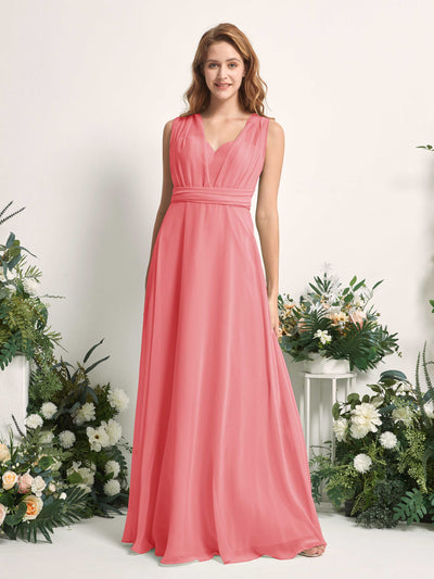 Carlyna Carolyn Convertible Coral Pink Bridesmaid Dress Maxi Sleeveless Sweetheart Dress Side View 3 #color_coral-pink