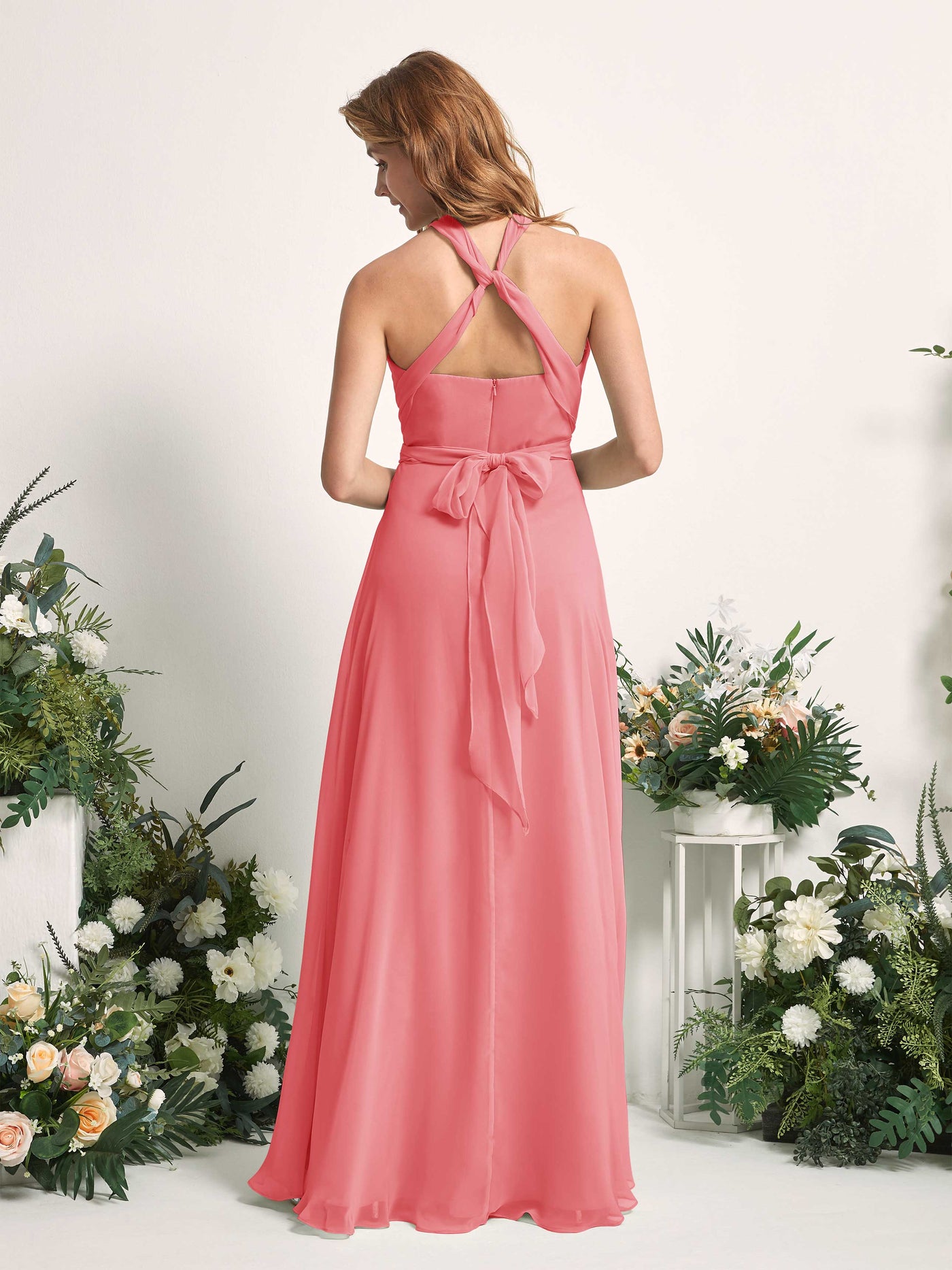 Bridesmaid Dress A-line Chiffon Halter Full Length Short Sleeves Wedding Party Dress - Coral Pink (81226330)#color_coral-pink