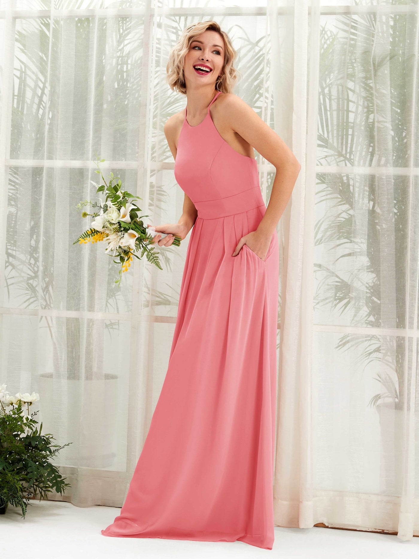 A-line Ball Gown Halter Spaghetti-straps Sleeveless Bridesmaid Dress - Coral Pink (81225230)#color_coral-pink