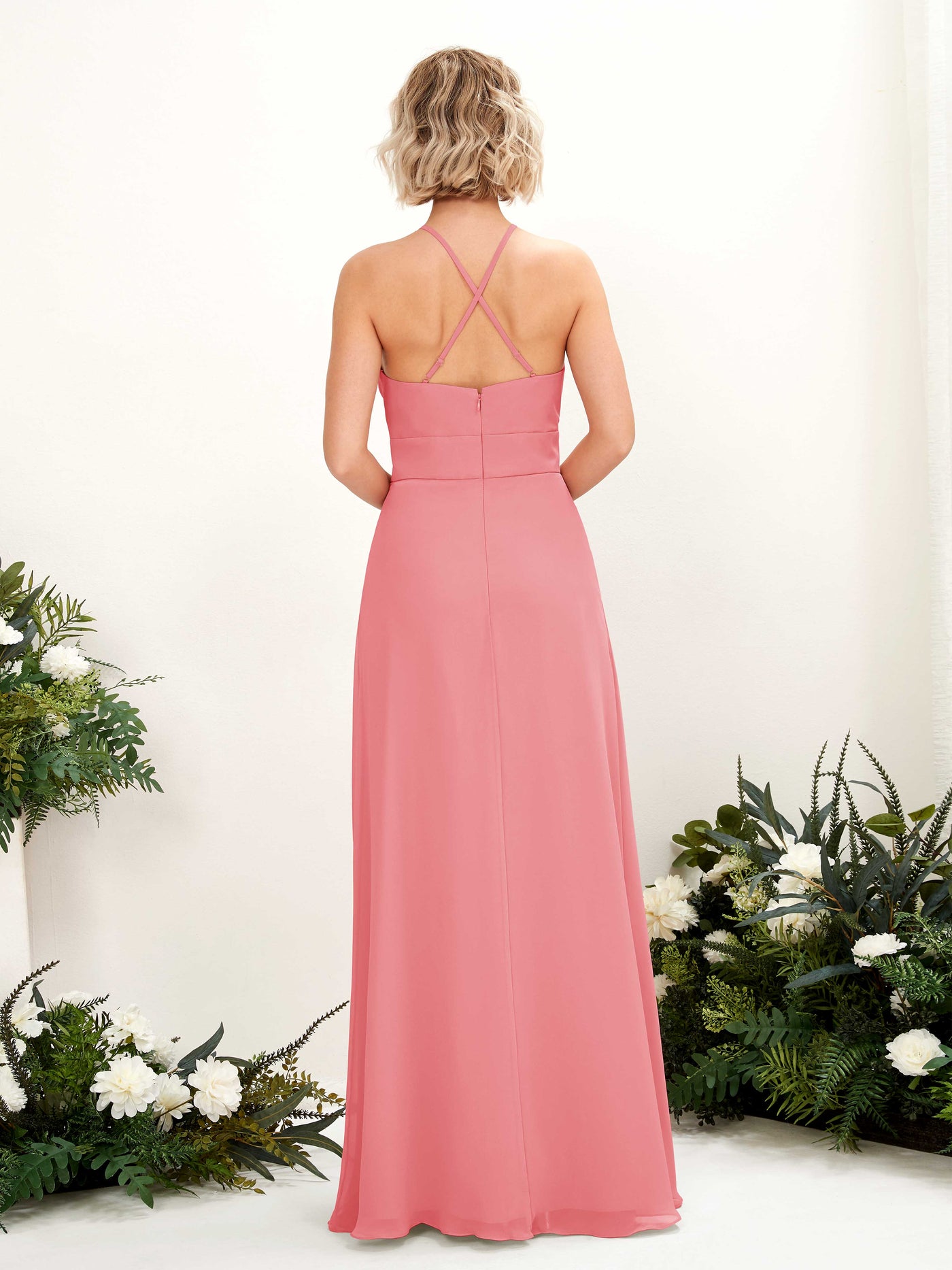 A-line Ball Gown Halter Spaghetti-straps Sleeveless Bridesmaid Dress - Coral Pink (81225230)#color_coral-pink