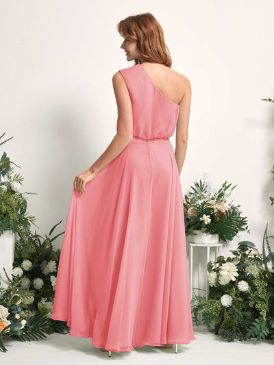 Carlyna Cecily A-Line Coral Pink Bridesmaid Dress Maxi Sleeveless One Shoulder Dress Back View #color_coral-pink
