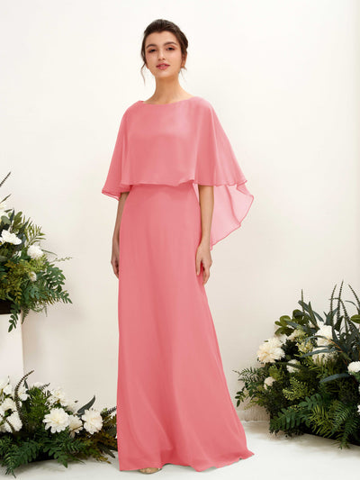 Carlyna Savin Sheath Coral Pink Bridesmaid Dress Maxi Cap Sleeve Boat Neck Dress #color_coral-pink