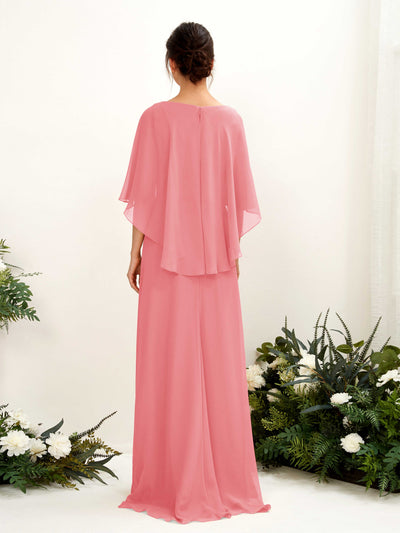 Carlyna Savin Sheath Coral Pink Bridesmaid Dress Maxi Cap Sleeve Boat Neck Dress #color_coral-pink