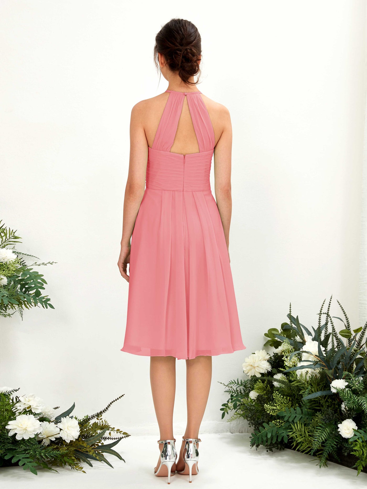 A-line Halter Sleeveless Chiffon Bridesmaid Dress - Coral Pink (81220430)#color_coral-pink