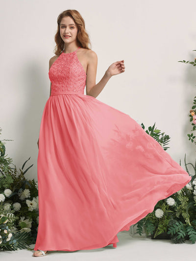 Carlyna Denise A-Line Coral Pink Embroidered Bridesmaid Dress Maxi Sleeveless Round Neck Dress Side View 2 #color_coral-pink