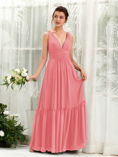 Carlyna Alissa A-Line Coral Pink Bridesmaid Dress Maxi Sleeveless V-Neck Dress Front View #color_coral-pink