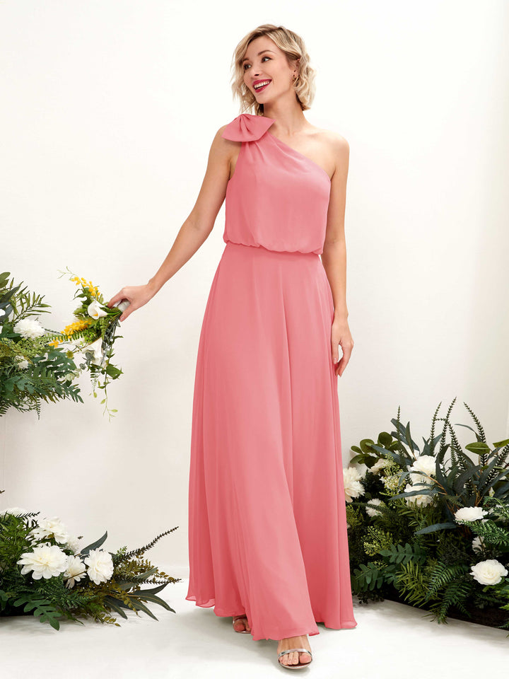 A-line One Shoulder Sleeveless Chiffon Bridesmaid Dress - Coral Pink (81225530)