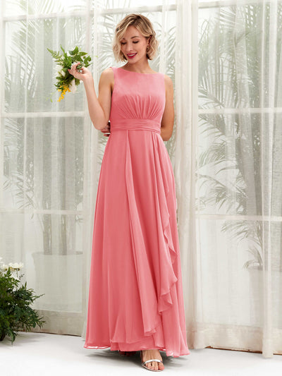 Carlyna Brianna A-Line Coral Pink Bridesmaid Dress Maxi Sleeveless Boat Neck Dress Front View #color_coral-pink