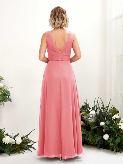 Carlyna Brianna A-Line Coral Pink Bridesmaid Dress Maxi Sleeveless Boat Neck Dress Back View #color_coral-pink
