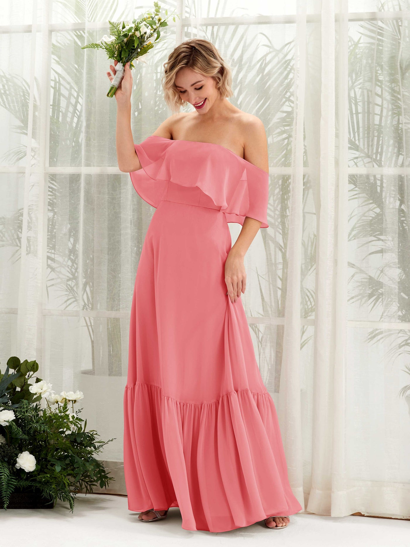 A-line Off Shoulder Chiffon Bridesmaid Dress - Coral Pink (81224530)#color_coral-pink