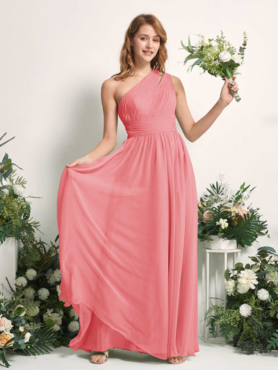 Carlyna Evelyn A-Line Coral Pink Bridesmaid Dress Maxi Sleeveless One Shoulder Dress Front View #color_coral-pink