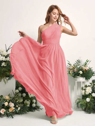 Carlyna Evelyn A-Line Coral Pink Bridesmaid Dress Maxi Sleeveless One Shoulder Dress Side View 2 #color_coral-pink
