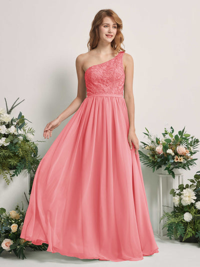 Carlyna Bonita A-Line Coral Pink Embroidered Bridesmaid Dress Maxi Sleeveless One Shoulder Dress Front View #color_coral-pink