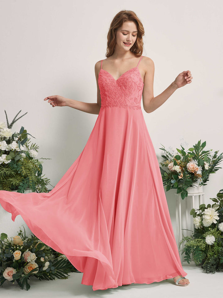 Coral Pink Bridesmaid Dresses A-line Open back Spaghetti-straps Sleeveless Dresses (83221130)