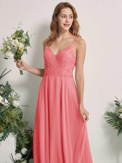 Carlyna Gail A-Line Coral Pink Beaded Bridesmaid Dress Maxi Sleeveless V-Neck Dress Side View 2 #color_coral-pink