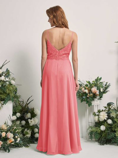 Carlyna Gail A-Line Coral Pink Beaded Bridesmaid Dress Maxi Sleeveless V-Neck Dress Back View #color_coral-pink