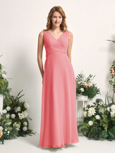 Carlyna June A-Line Coral Pink Bridesmaid Dress Maxi Sleeveless V-Neck Dress #color_coral-pink