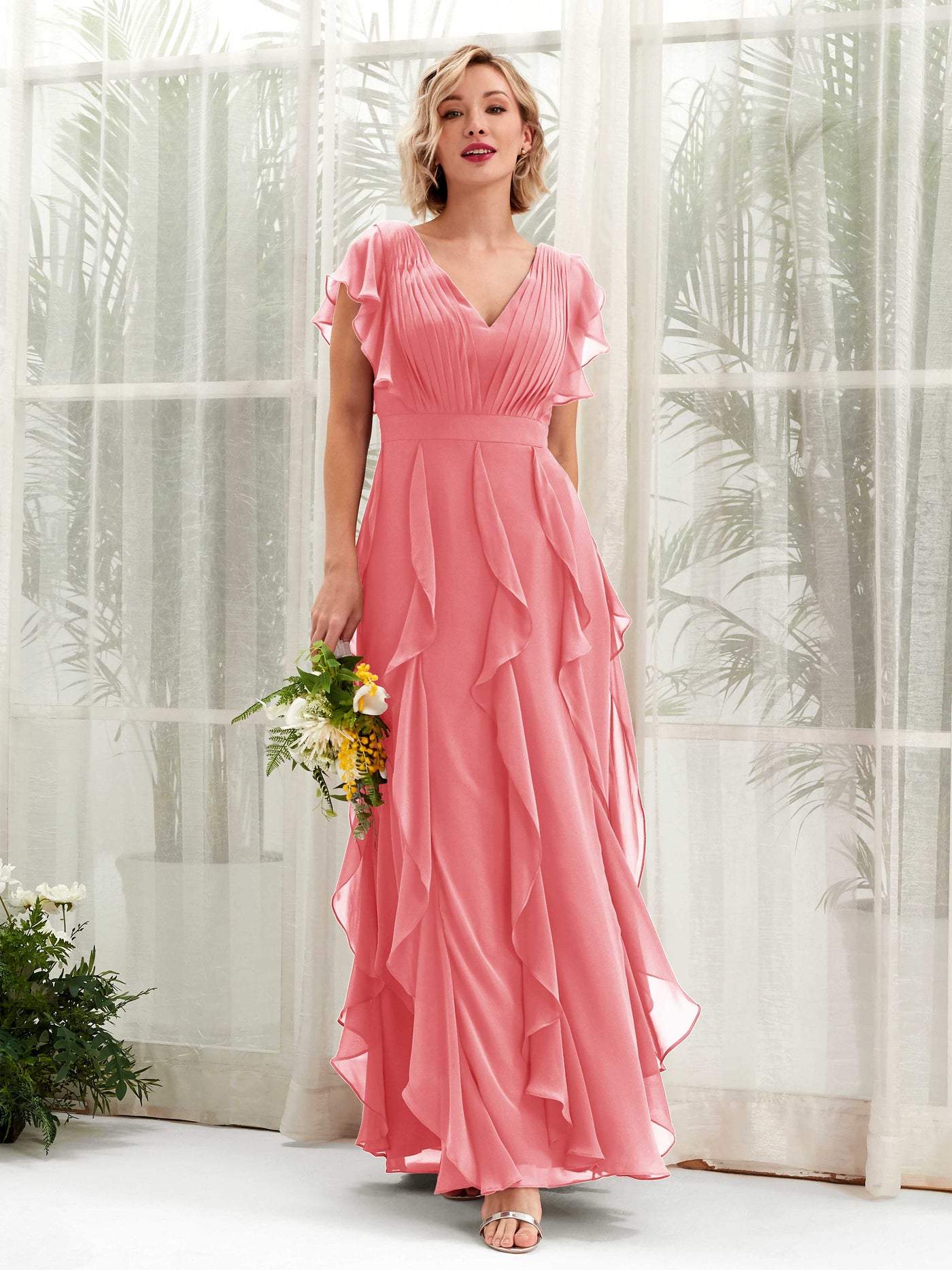 A-line V-neck Short Sleeves Chiffon Bridesmaid Dress - Coral Pink (81226030)#color_coral-pink