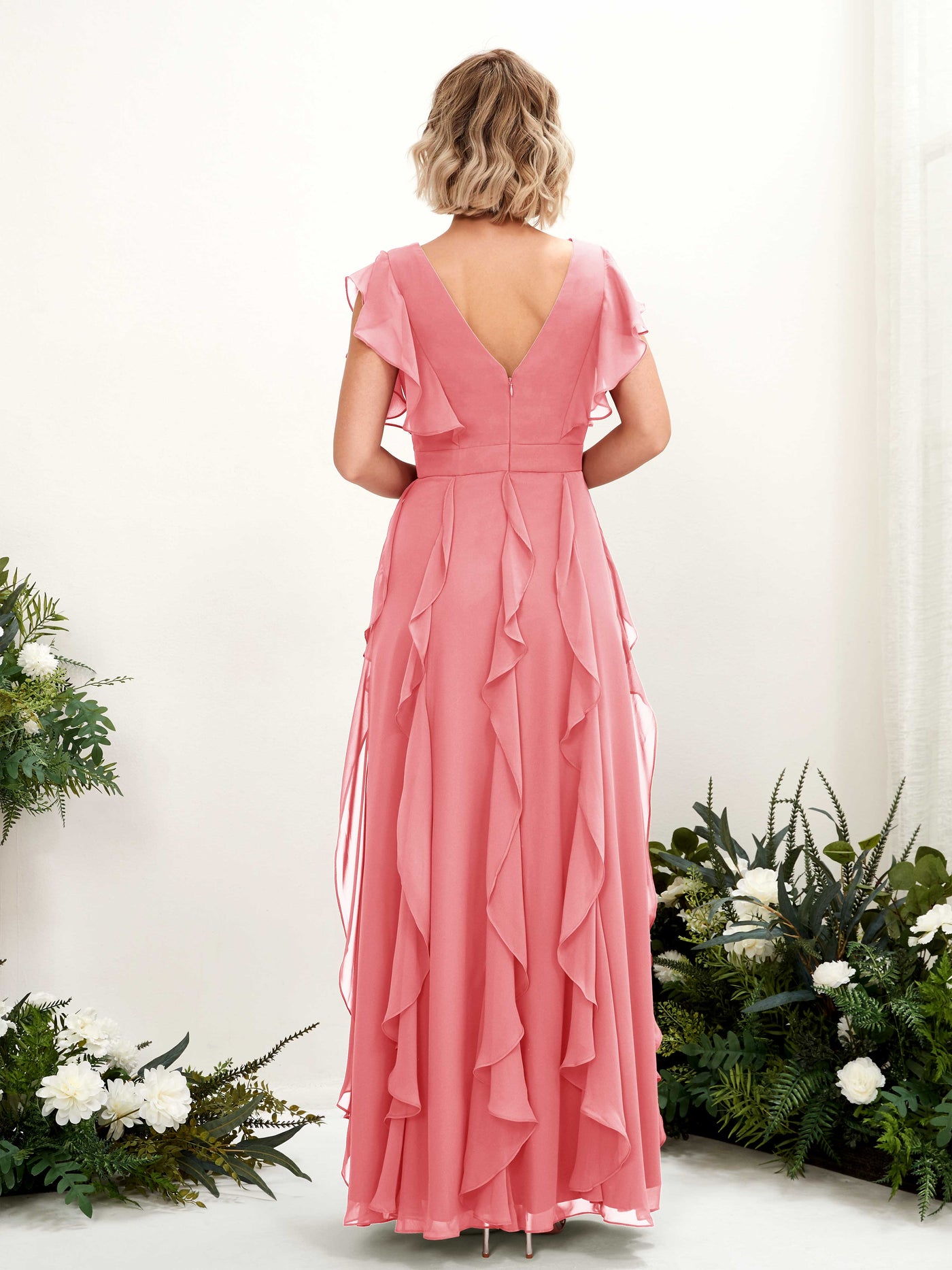 A-line V-neck Short Sleeves Chiffon Bridesmaid Dress - Coral Pink (81226030)#color_coral-pink