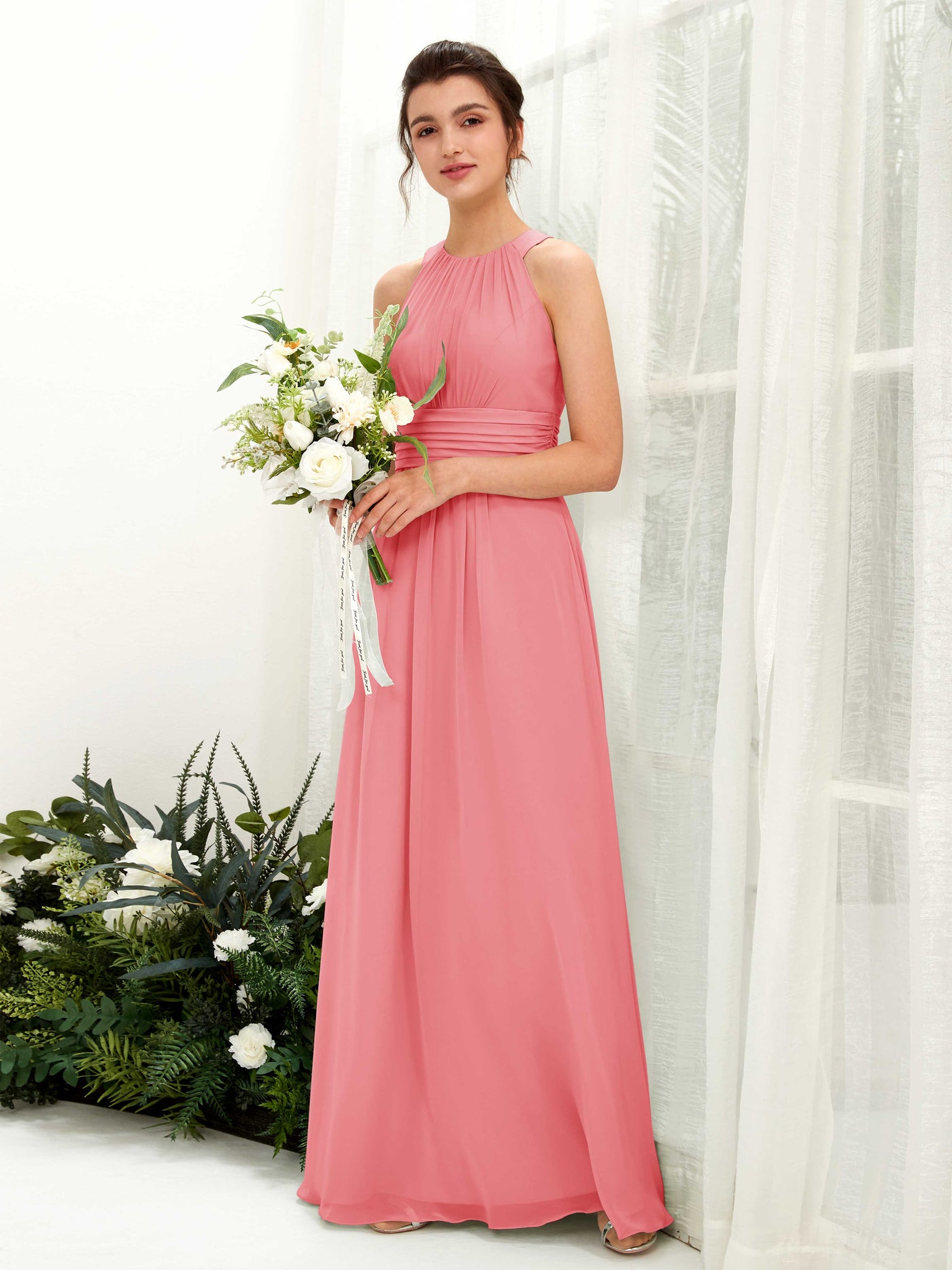 A-line Round Sleeveless Chiffon Bridesmaid Dress - Coral Pink (81221530)#color_coral-pink