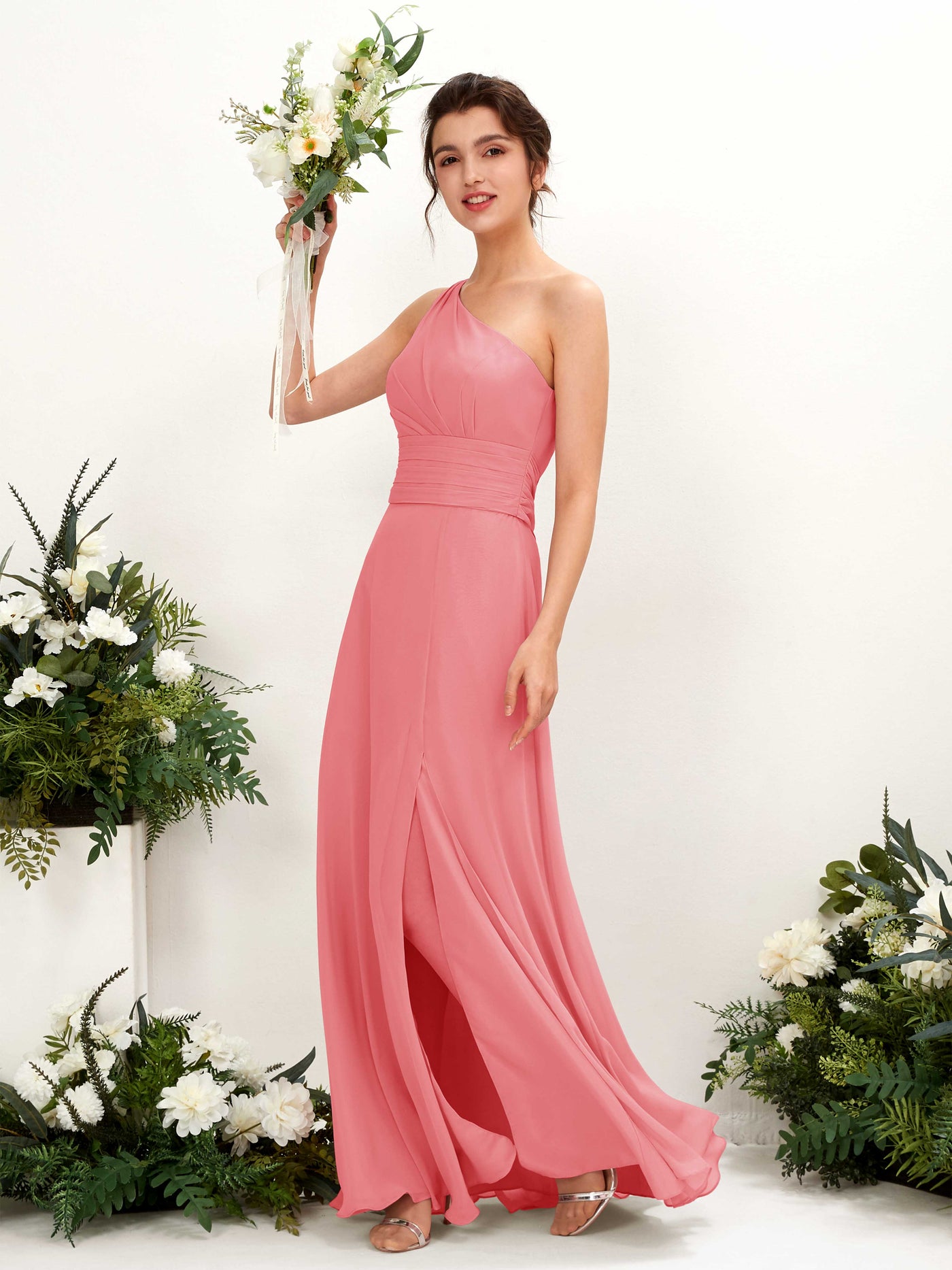 A-line One Shoulder Sleeveless Bridesmaid Dress - Coral Pink (81224730)#color_coral-pink