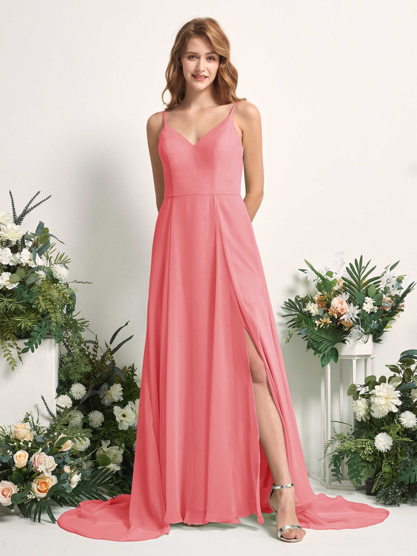 Bridesmaid Dress A-line Chiffon Spaghetti-straps Full Length Sleeveless Wedding Party Dress - Coral Pink (81227730)#color_coral-pink