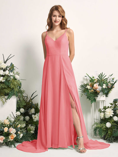 Carlyna Marcia A-Line Coral Pink Bridesmaid Dress Maxi Sleeveless V-Neck Dress #color_coral-pink