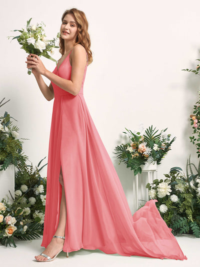 Carlyna Marcia A-Line Coral Pink Bridesmaid Dress Maxi Sleeveless V-Neck Dress #color_coral-pink